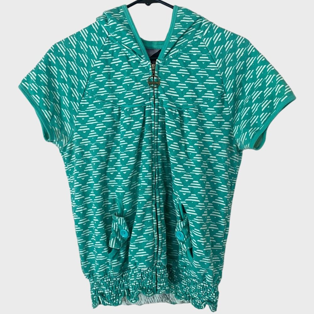 Volcom Sleeveless Striped Hoodie Teal Blue Girls Large Ruffled Full-Zip Jacket